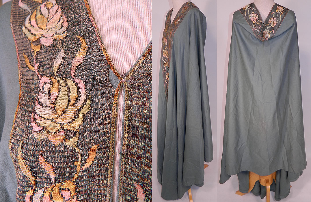 Vintage Liberty & Co. London Paris Label Teal Blue Wool Embroidered Cloak Cape
This amazing Aesthetic, Arts & Crafts Movement evening opera cloak cape is a long floor length, loose fitting, with a draping back neck, button toggle closure on the front and is unlined.