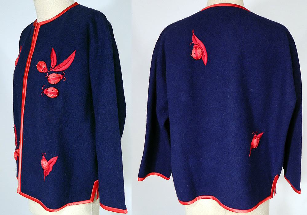 Vintage Dolly Hong Kong Label Blue & Red Embroidered Beaded Ladybug Sweater
This sensational sweater has a cute cardigan style, with hook closures down the front, 3/4 length sleeves and is fully lined. 
