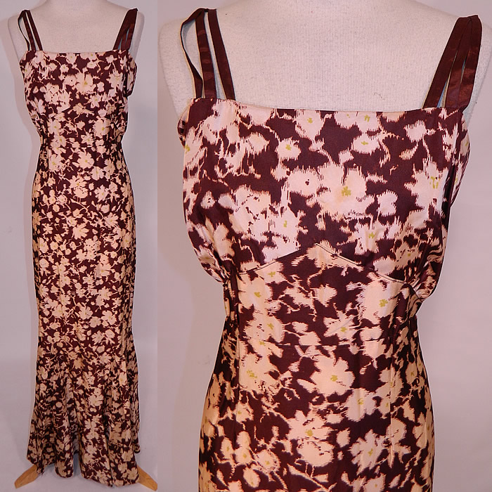 Vintage Ikat Dye Brown Floral Print Silk Moire Taffeta Bias Cut Dress Gown
This vintage ikat dye brown floral print silk moire taffeta bias cut dress gown dates from the 1930s. It is made of a brown and white silk moire taffeta fabric, with an ikat batik dye style flower print design.