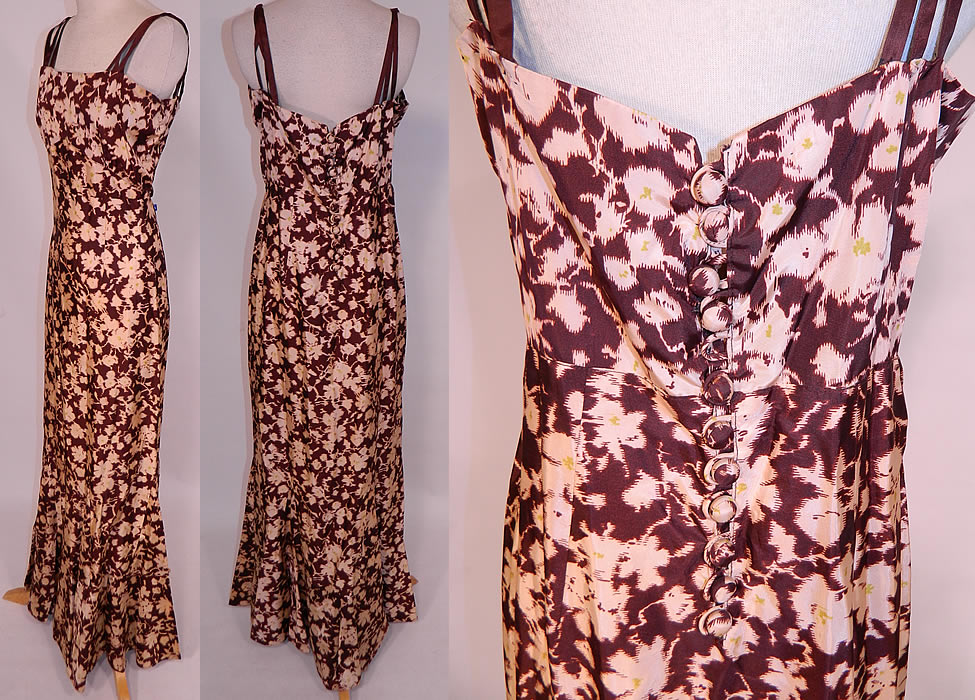 Vintage Ikat Dye Brown Floral Print Silk Moire Taffeta Bias Cut Dress Gown
The dress measures 57 inches long, with 38 inch hips, a 30 inch waist and 34 inch bust. It is in good condition, only missing 1 button closure. This is truly a wonderful piece of wearable textile art! 