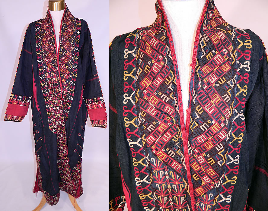 Antique Turkmenistan Indigo Dyed Embroidered Turkmen Chyrpy Coat Tribal Robe
This antique Turkmenistan indigo dyed embroidered Turkman chyrpy coat tribal robe dates from the the late 19th century. It is made of a indigo dyed silk fabric, with colorful chain stitched hand embroidered ethnic tribal designs and a red silk dyed fabric trim.