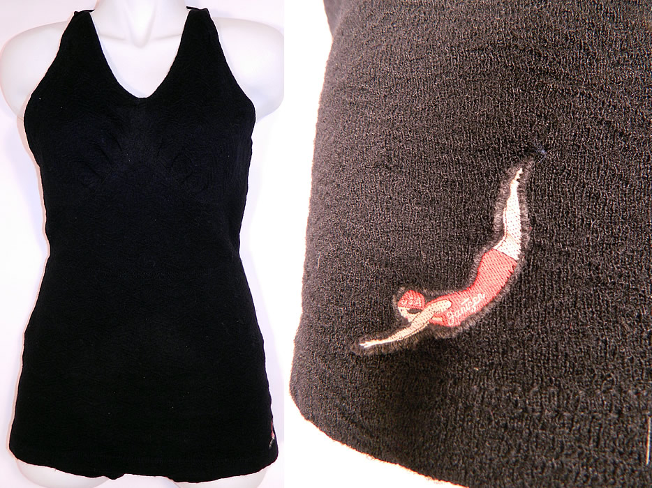 Vintage Jantzen Women's Black Wool Knit Onepiece Swimsuit Size 38
This vintage Jantzen women's black wool knit one piece swimsuit dates from the 1930s. It is made of a black wool knit textured wave fabric, with the Jantzen trademark diving girl logo on the leg. 