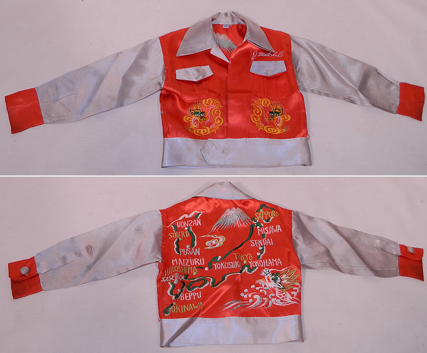 Vintage WWII Japan Souvenir Tour Jacket Child's Shirt Satin Embroidered Map
It is in good condition, with only some faint staining on the sleeves, waistband and is missing one button closure on the breast pocket.