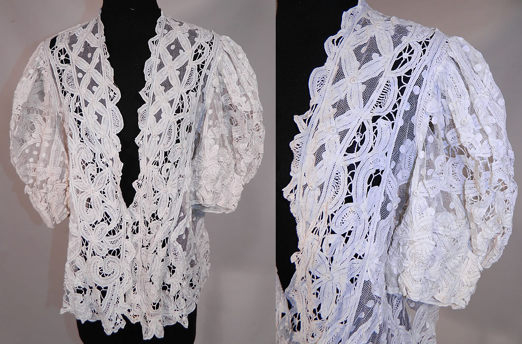 Vintage Edwardian Antique White Polka Dot Net Battenburg Crochet Tape Lace Blouse Jacket
This exquisite vintage Edwardian era antique white polka dot net battenburg crochet tape lace blouse jacket dates from 1910. It is made of a white sheer polka dot net fabric, with battenburg crochet lace tapes, connecting thread picot ornamented bars with floral, leaf, spiral designs.