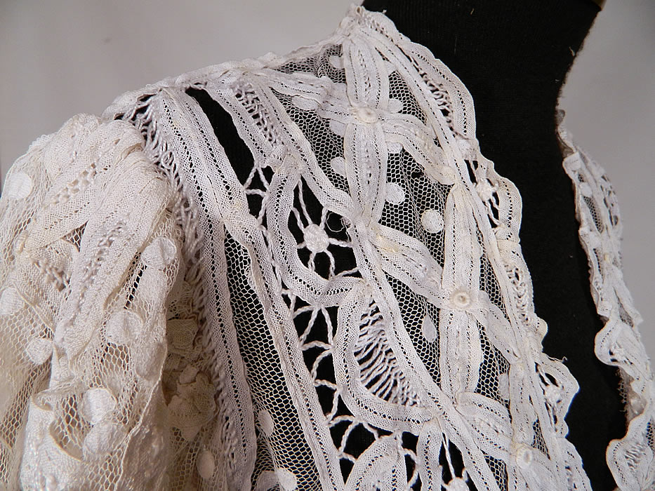 Vintage Edwardian Antique White Polka Dot Net Battenburg Crochet Tape Lace Blouse Jacket
The jacket measures 23 inches long, with a 50 inch waist, 40 inch bust and 15 inch back. 