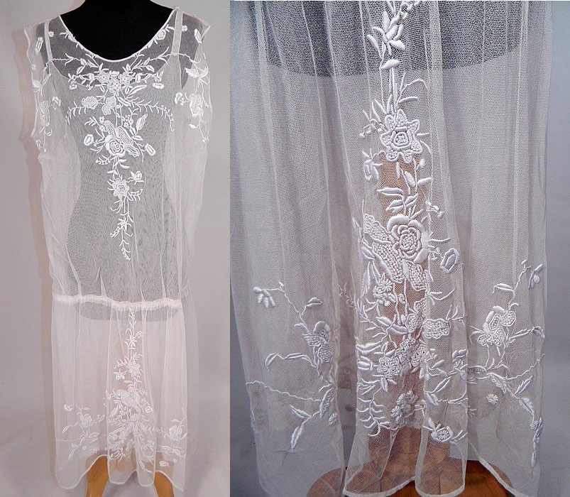 Vintage White Tulle Net Embroidered French Knot Lace Drop Waist Dress
This vintage white tulle net embroidered French knot lace drop waist dress dates from the 1920s.