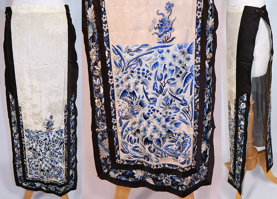 Antique Chinese Cream Yellow Silk Blue Embroidered Butterfly Han Wedding Skirt
This antique Chinese cream yellow silk blue embroidered butterfly Han wedding skirt dates from the mid 19th century during the Qing Dynasty. It is made of a pastel yellow cream color silk damask brocade pattern fabric, with varying shades of blue raised padded satin stitch hand embroidery work designs of butterflies and flowers, with forbidden stitch Peking knot accents. 