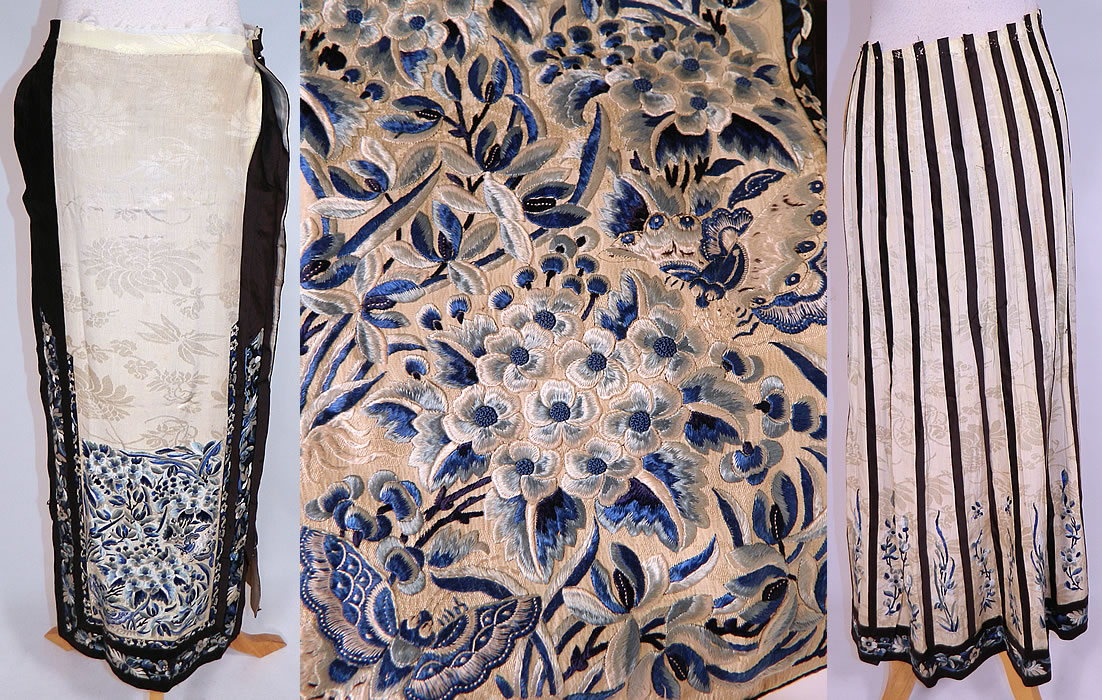 Antique Chinese Cream Yellow Silk Blue Embroidered Butterfly Han Wedding Skirt
The butterfly is a symbol of love and affection. This Chinese Han wrap around style wedding skirt has been cut and taken apart into three pieces, with two matching embroidered apron panels with the butterflies on the bottom and a larger panel with the black trim, pleated sides. 