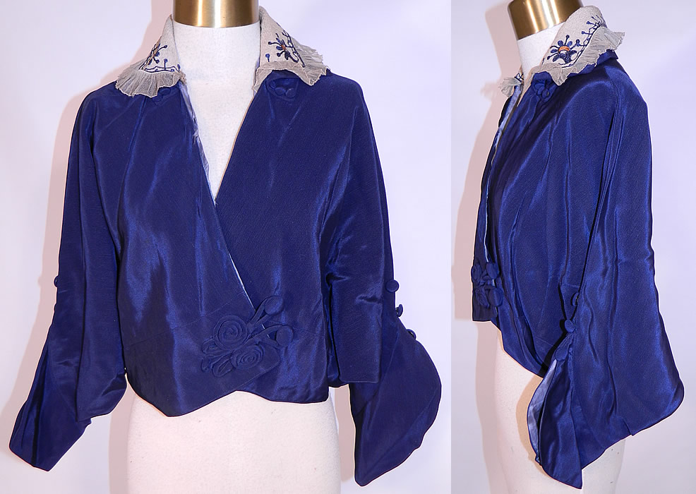 Titanic Era Edwardian Blue Silk Dolman Sleeve Short Crop Coat Bolero Jacket
This antique Edwardian Titanic era blue silk dolman sleeve short crop coat bolero jacket dates from 1912