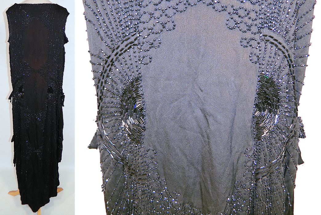 Vintage Art Deco Black Silk Jet Beaded Flapper Drop Waist Side Tie Dress Evening Gown
The dress measures 58 inches long, with 44 inch hips, a 40 inch waist and 38 inch bust. 
