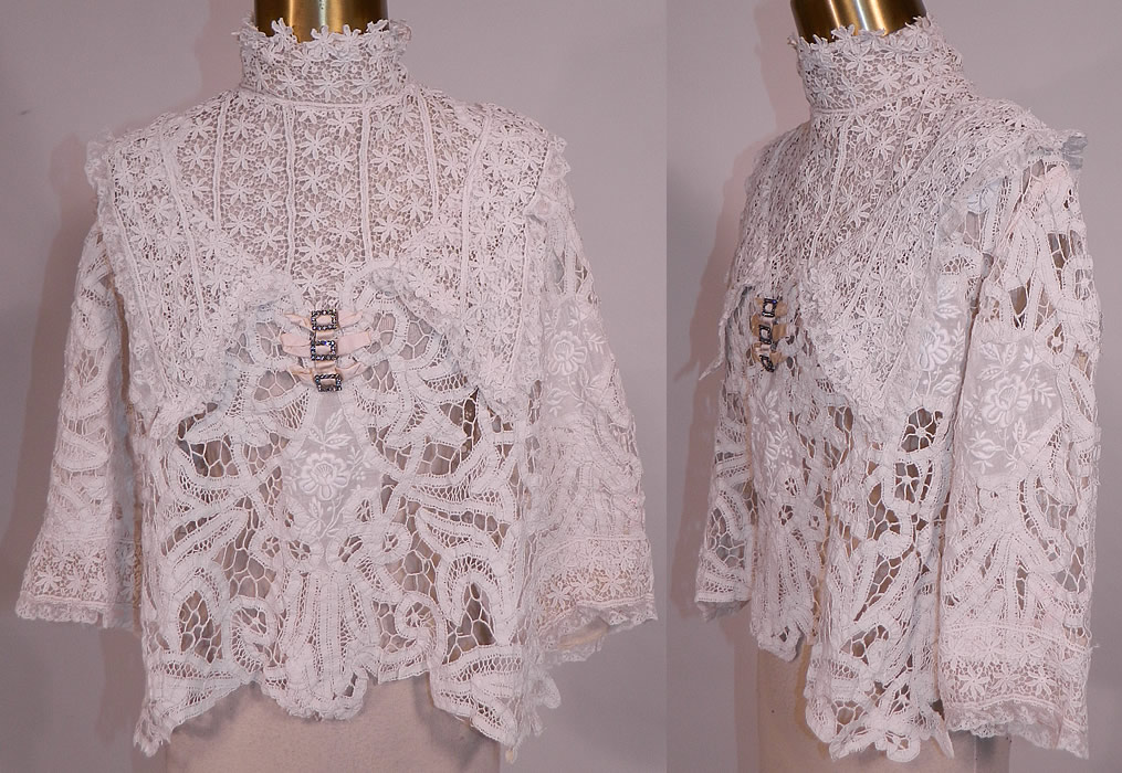 Edwardian White Battenburg Tape Lace Embroidered Applique Blouse Shirt Top
This antique Edwardian era white battenburg tape lace embroidered appliqu&eacute; blouse shirt top dates from 1910.
