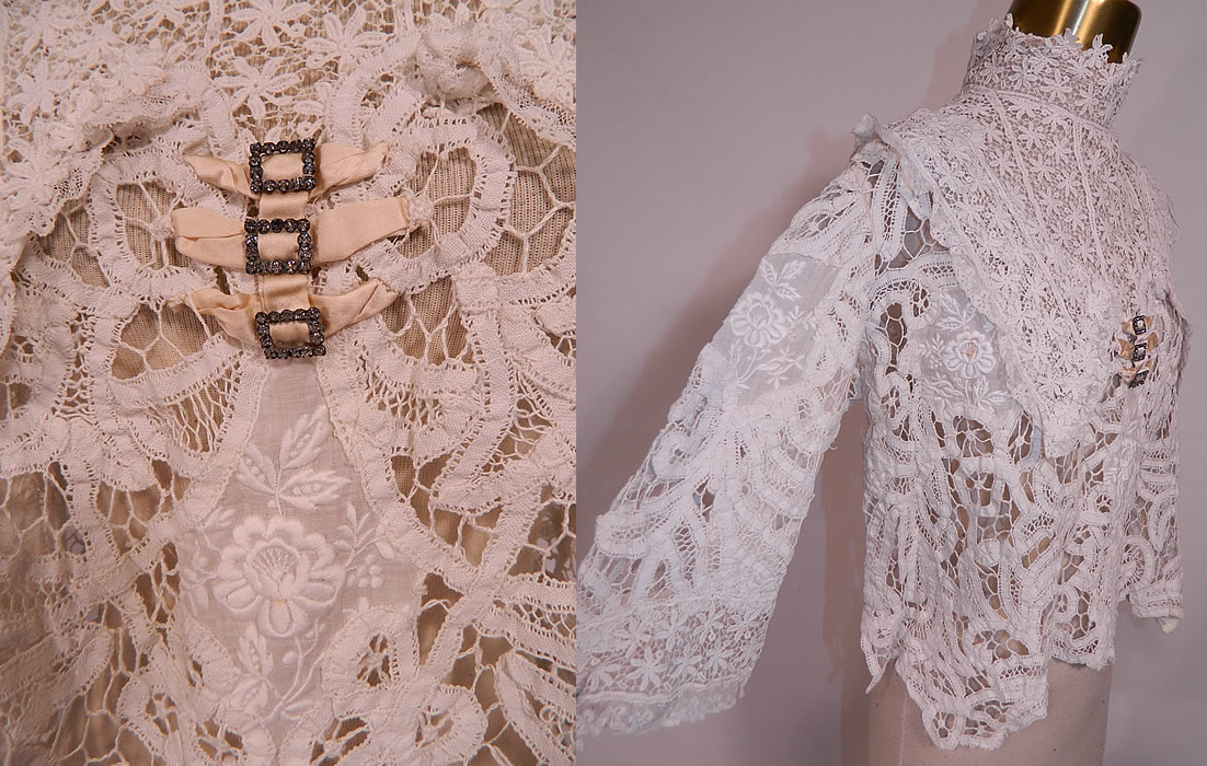 Edwardian White Battenburg Tape Lace Embroidered Applique Blouse Shirt Top
It is made of a sheer white battenburg tape lace with connecting brides and bars, a daisy flower lace trim yoke collar and cuffs and white batiste raised padded satin stitch embroidered floral appliqu&eacute; inserts.
