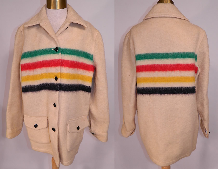 Vintage Hudsons Bay Point Wool 4 Stripe Blanket Coat Womens Jacket
This vintage Hudson's Bay Point wool 4 stripe blanket coat womens jacket dates from the 1950s. It is made of an off white soft wool blanket fabric, with four stripes of green, red, yellow and black. 