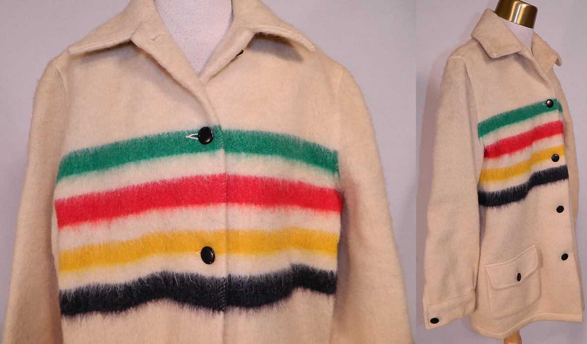 Vintage Hudsons Bay Point Wool 4 Stripe Blanket Coat Womens Jacket
This wonderful winter trappers blanket coat has a boxy loose fit long mid length style, with a fold over collar, long full sleeves, button cuffs, 2 front patch pockets with button flaps, black button closures down the front and is fully lined inside. 