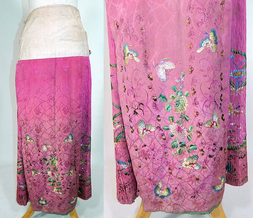 Antique Chinese Fuchsia Purple Silk Embroidered Butterfly Han Wedding Skirt
This antique Chinese fuchsia purple silk embroidered butterfly Han wedding skirt dates from the late 19th century during the Qing Dynasty. The skirt measures 38 inches long, with a 49 inch wide waistband. 