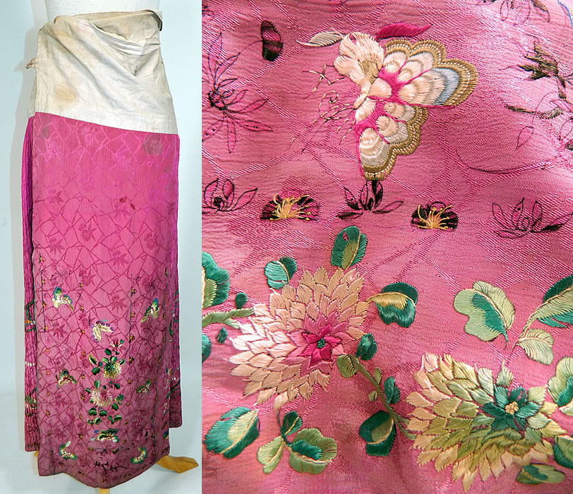 Antique Chinese Fuchsia Purple Silk Embroidered Butterfly Han Wedding Skirt
It is made of a purple fuchsia color silk damask brocade patterned fabric. The butterfly is a symbol of love and affection. 