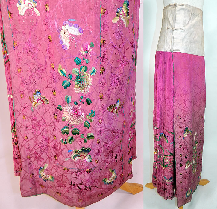 Antique Chinese Fuchsia Purple Silk Embroidered Butterfly Han Wedding Skirt
There are colorful pastel hand embroidered raised padded satin stitch needlework designs of beautiful butterflies, flowers and black ink stenciled outlines. 