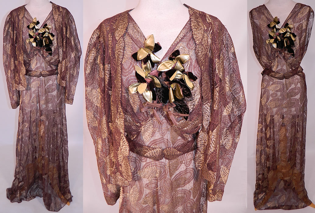 Vintage Gold Lame Brown Lace Flower Bias Cut Dress Jacket Evening Gown Lam&eacute;
This glamorous vintage gold lam&eacute; brown lace flower bias cut dress, jacket evening gown dates from the 1930s. It is made of a sheer brown lace net fabric, with gold lam&eacute; thread woven through it in an abstract circular, thistle floral pattern design.