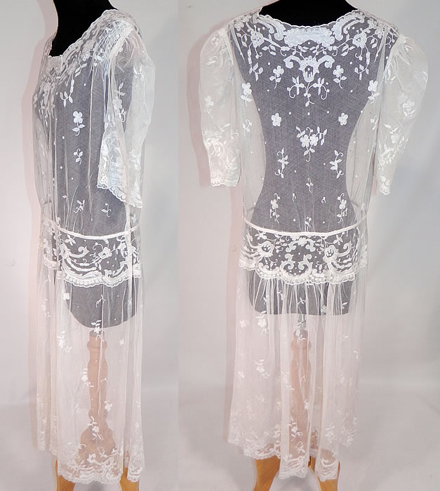 Vintage White Tambour Embroidery Lace Sheer Silk Tulle Net Drop Waist Dress
This is truly a beautiful piece of wearable lace art! 