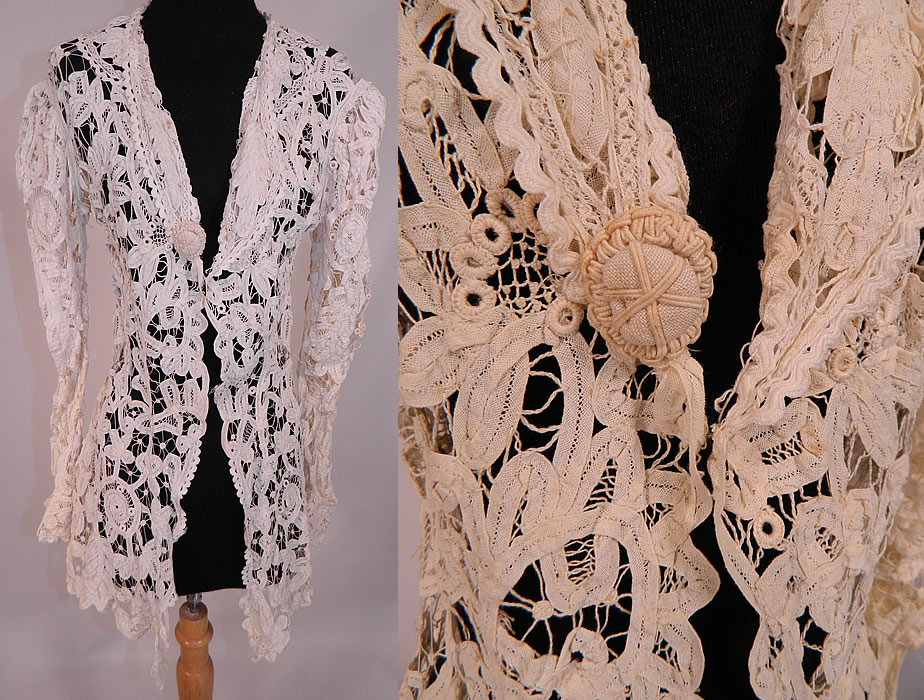 Vintage Edwardian Antique Cream Battenburg Crochet Tape Lace Tail Coat Jacket
This exquisite vintage Edwardian era antique cream battenburg crochet tape lace tail coat jacket dates from 1910. It is made of an off white cream color battenburg crochet lace created with tapes, connecting thread picot ornamented bars with a decorative spiral, floral, leaf, scroll work designs.