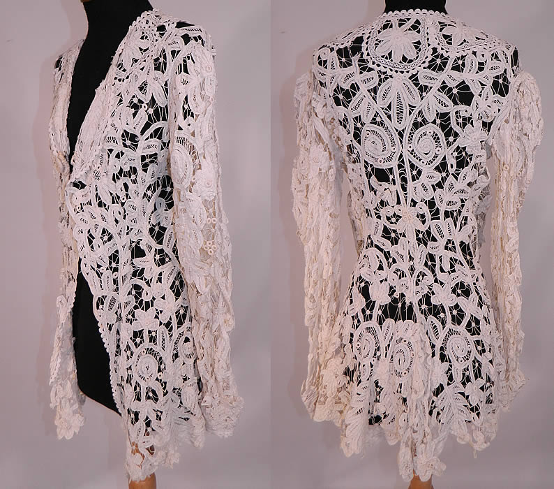 Vintage Edwardian Antique Cream Battenburg Crochet Tape Lace Tail Coat Jacket
This lovely lace tail coat jacket is a long mid length, with a cutaway front, tailored back, long tapered sleeves, scalloped edge trim, with a large crochet button closure and is sheer because it is unlined. 