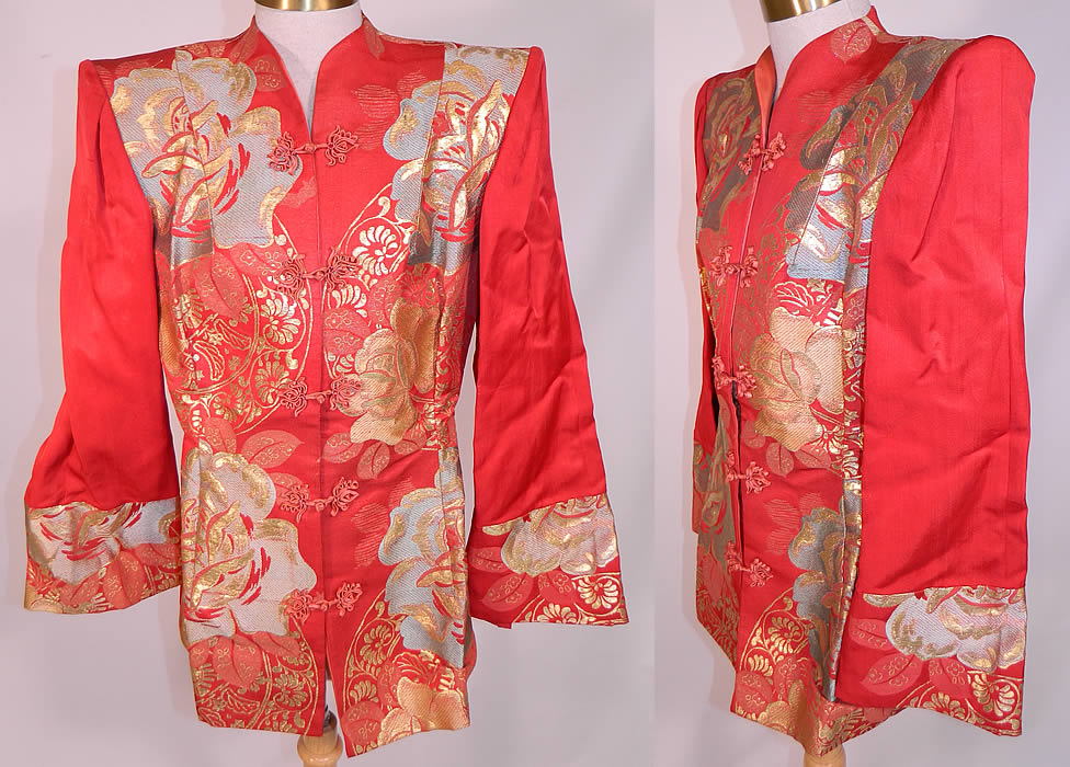 Vintage Japanese Kimono Obi Red Silk Gold Lame Broad Shoulder Jacket Lam&eacute;
This vintage Japanese kimono obi red silk gold lam&eacute; broad shoulder jacket dates from the 1940s. It is made of a red silk gold lam&eacute; brocade fabric, with a decorative floral woven damask design and is created from Japanese kimono obi fabric.