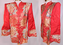 1940s Vintage Japanese Kimono Obi Red Silk Gold Lam&eacute; Lame Broad Shoulder Jacket 
