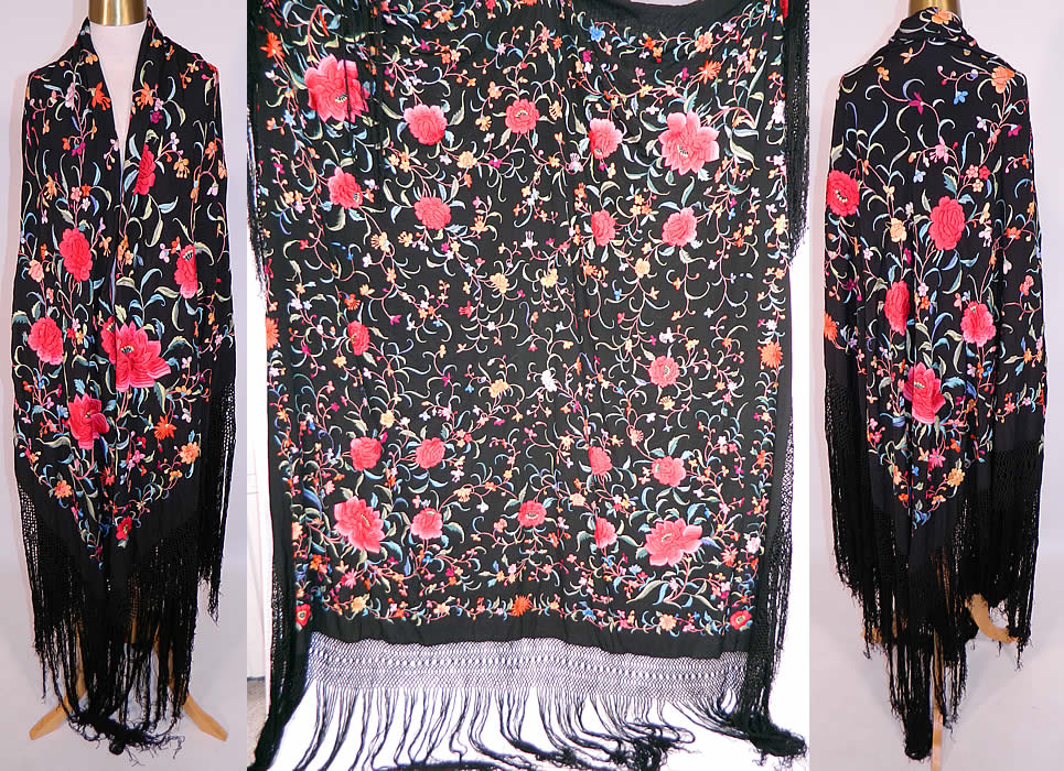 Vintage Antique Black Silk Pink Flower Vine Leaf Embroidered Canton Piano Shawl
This antique black silk pink flower vine leaf embroidered Canton piano shawl dates from the 1920s. It is made of a black silk fabric background with colorful silk raised padded satin stitch hand embroidery work.