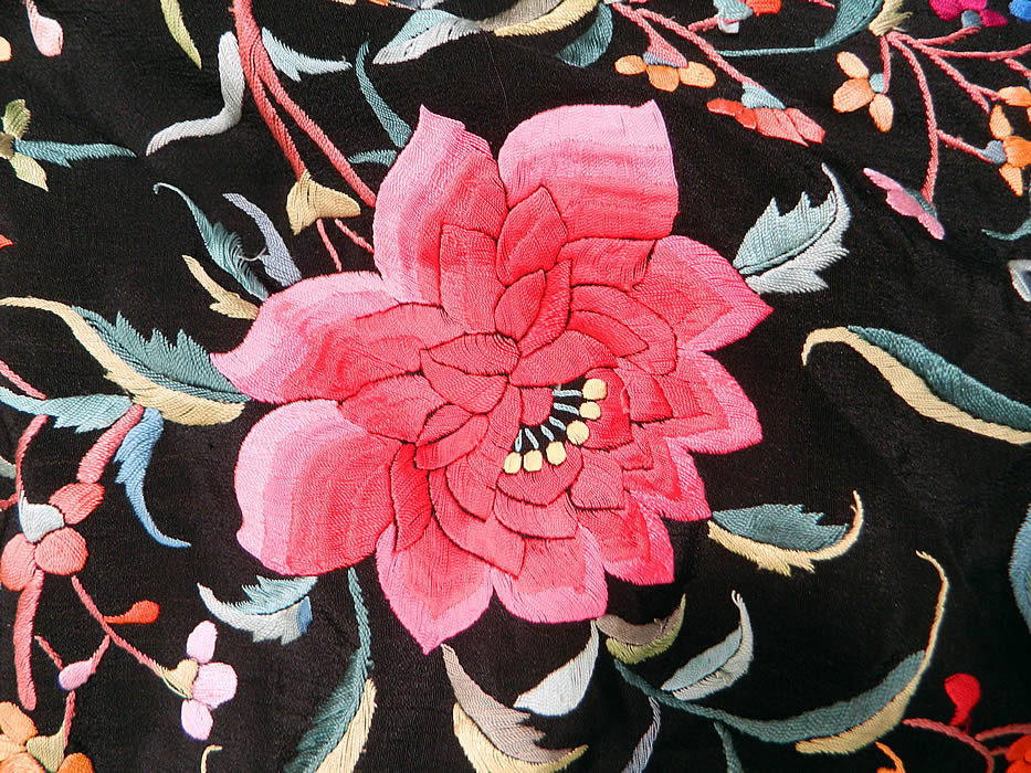 Vintage Antique Black Silk Pink Flower Vine Leaf Embroidered Canton Piano Shawl
There is a lush floral foliage vine leaf design completely covering it, with larger clusters of varying shades of pink embroidered flowers in each corner. 
