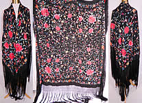 Vintage Antique Black Silk Pink Flower Vine Leaf Embroidered Canton Piano Shawl
