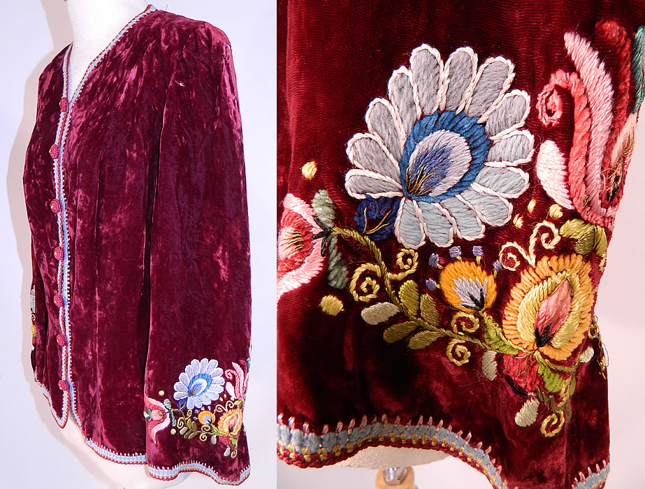 Vintage Peasant Art Importing Co NY Label Red Velvet Embroidered Boho Jacket
This pretty peasant style bohemian Hungarian Czech coat jacket has a loose fitting boxy style, slight shoulder padding, long full sleeves, crochet button closures down the front and is lined.