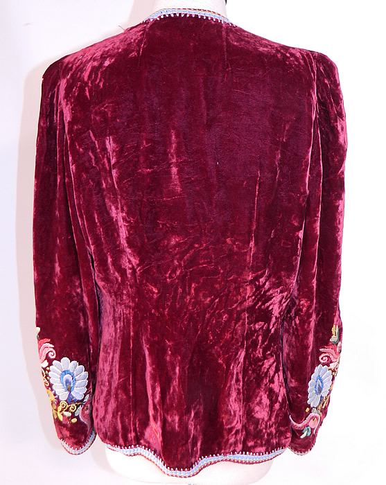 Vintage Peasant Art Importing Co NY Label Red Velvet Embroidered Boho Jacket
The jacket measures 23 inches long, with a 34 inch waist, 36 inch bust and 24 inch long sleeves. 