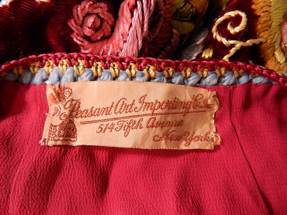 Vintage Peasant Art Importing Co NY Label Red Velvet Embroidered Boho Jacket
There is a "Peasant Art Importing Co. Inc. 514 Fifth Avenue New York" label sewn inside. 