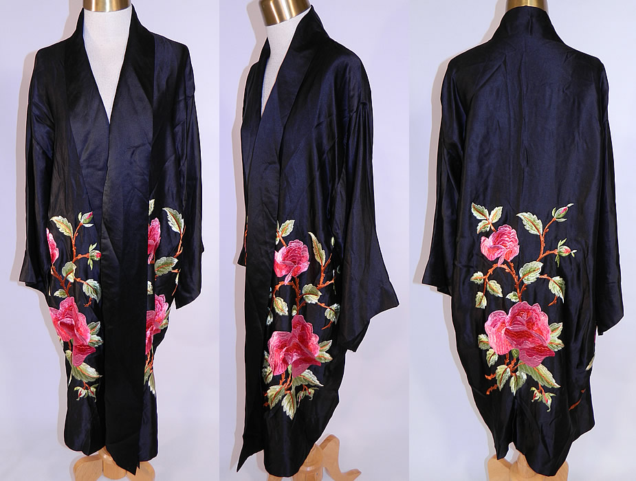 Vintage Art Deco Black Silk Embroidered Pink Roses Flapper Kimono Robe Coat
This vintage Art Deco black silk embroidered pink roses flapper kimono robe coat dates from the 1920s. It is made of a black silk fabric, with varying shades of green leaves and pink roses embroidered around the bottom. This lovely lingerie flapper kimono robe style coat is loose fitting, with an open front, no closure, fold over lapel, long full sleeves and is unlined. 