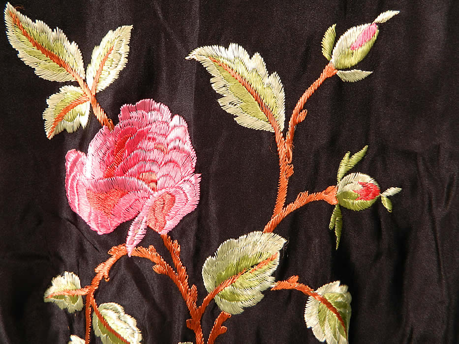 Vintage Art Deco Black Silk Embroidered Pink Roses Flapper Kimono Robe Coat
The robe measures 41 inches long, with 48 inch hips, a 48 inch waist and 48 inch bust. It is in good condition, with only some slight faint discoloration under the lapel and on one shoulder. This is truly a wonderful piece of Art Deco wearable art! 