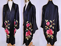 Vintage Art Deco Black Silk Embroidered Pink Roses Flapper Kimono Robe Coat
