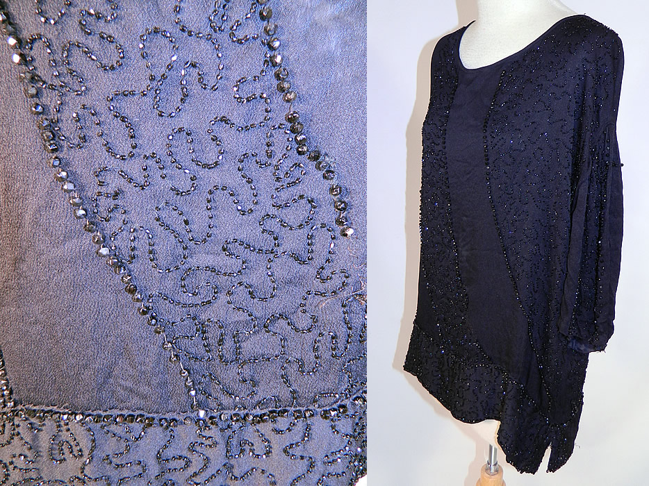 Vintage Art Deco Black Silk Jet Beaded Flapper Blouse Shirt Tunic Top
The top measures 24 inches long, with a 40 inch waist and 46 inch bust. It is in good as-is condition, with some loose, missing beads. This is truly a wonderful piece of wearable Art Deco textile art! 