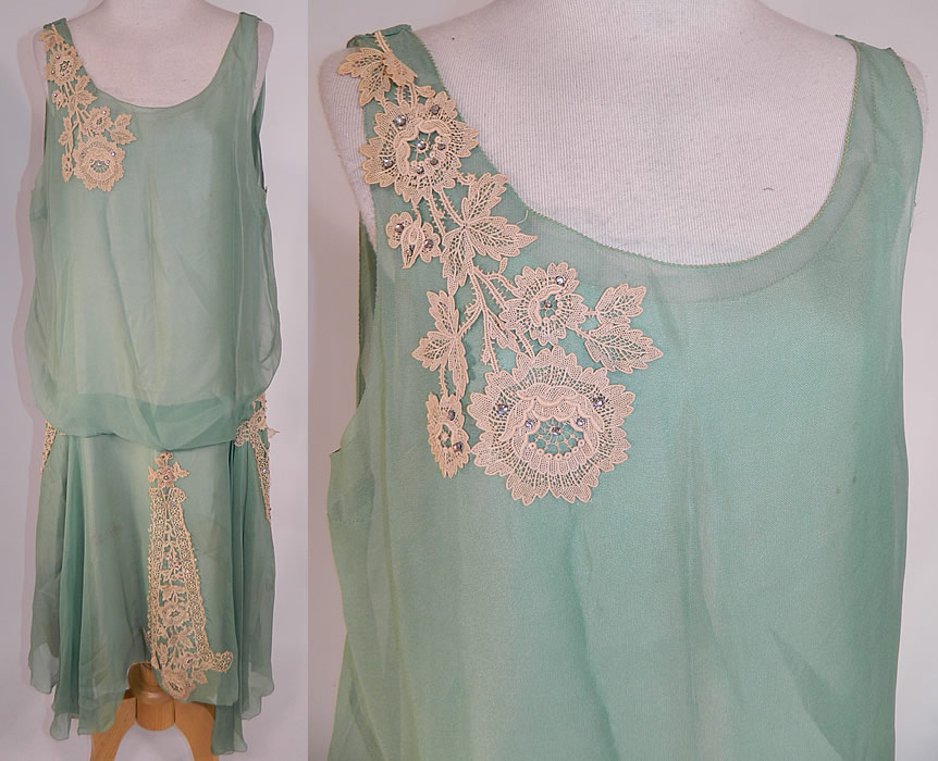 Vintage Mint Green Silk Chiffon Lace Applique Rhinestone Trim Drop Waist Dress
This vintage mint green silk chiffon lace appliqu&eacute; rhinestone trim drop waist dress dates from the 1920s. It is made of a pastel mint green color sheer silk chiffon fabric, with off white cream color flower lace appliqu&eacute;s and rhinestone beaded accents.