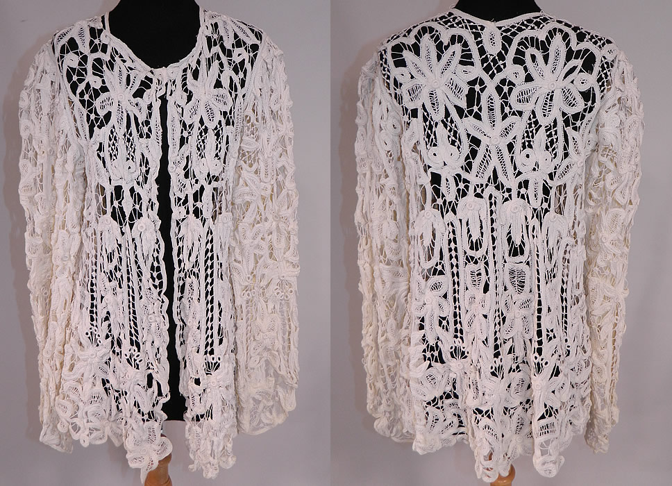 Edwardian Antique Cream Battenburg Crochet Tape Lace Coat Jacket
This exquisite vintage Edwardian era antique cream battenburg crochet tape lace coat jacket dates from 1915. It is made of an off white cream color battenburg crochet lace created with tapes, connecting thread picot ornamented bars with a decorative spiral, floral, leaf, scroll work designs. 