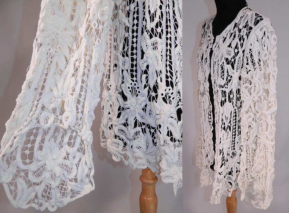 Edwardian Antique Cream Battenburg Crochet Tape Lace Coat Jacket
The coat is a large size measuring 28 inches long, with a 48 inch waist, 38 inch bust and 29 inch long sleeves. 