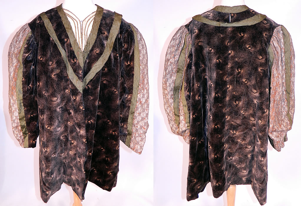 Edwardian Black Velvet Gold Print Peacock Hurricane Eye Cyclone Coat
This antique Edwardian era black velvet gold print peacock hurricane eye cyclone coat dates from 1910. It is made of a black velvet fabric, with a printed gold peacock hurricane eye of the storm cyclone swirling pattern unique design.