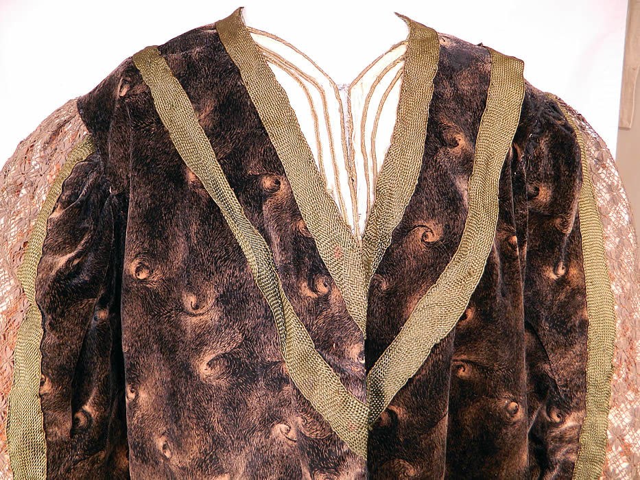 Edwardian Black Velvet Gold Print Peacock Hurricane Eye Cyclone Coat
There is green braided silk trim edging and sheer brown lace covered cream silk sleeves. 