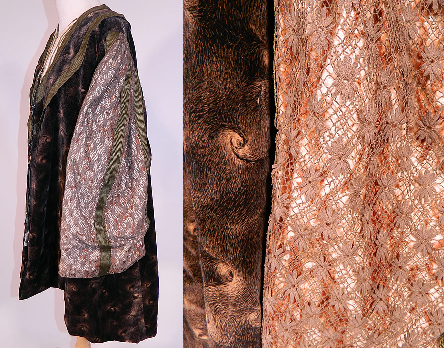 Edwardian Black Velvet Gold Print Peacock Hurricane Eye Cyclone Coat
This exquisite evening opera coat has a mid length, loose fitting, boxy swing style, with gathered shoulders, long full sleeves, hook closures down the front and has been fully relined in a green silk fabric inside.