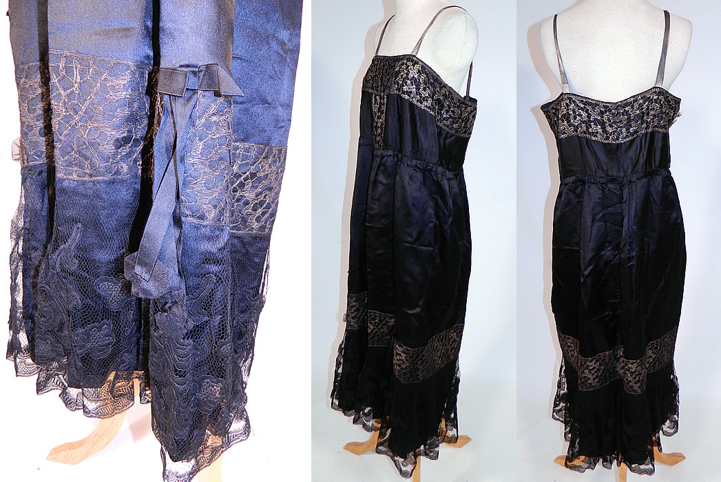 Vintage Art Deco Black Silk Gold Lame Lace Trim Flapper Slip Dress Lam&eacute;
The dress measures 47 inches long, with 48 inch hips, a 32 inch waist and 32 inch bust. It is in good as-is condition, with only a small frayed break in the lace under one arm and two small holes on the bottom back skirt hem. This is truly a wonderful piece of wearable Art Deco textile art! 