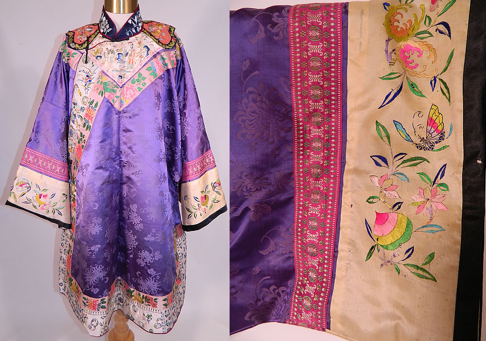 Antique Chinese Purple Silk Damask Floral Brocade Figural Embroidered Trim Robe
The robe measures 38 inches long, with a 54 inch waist, chest and 29 inch sleeve cuff circumference. It is in good condition, with only a few tiny pin holes, age spot stains on the sleeve cuffs (see close-up). 