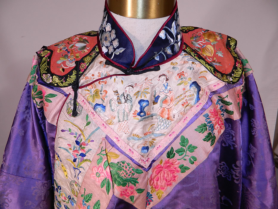 Antique Chinese Purple Silk Damask Floral Brocade Figural Embroidered Trim Robe
This antique Chinese purple silk damask floral brocade figural embroidered trim robe dates from the the mid 19th century during the Qing Dynasty. It is hand stitched, made of a bright royal purple color silk damask weave floral brocade fabric. 