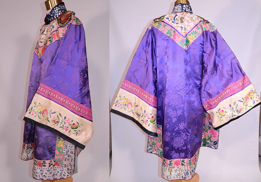 Antique Chinese Purple Silk Damask Floral Brocade Figural Embroidered Trim Robe
There is a white silk trim collar and edging with beautifully hand embroidered colorful Chinese women figures, flowers, butterflies, the Ji character for luck and pink silk damask brocade ribbon trim with more colorful woven flowers. 