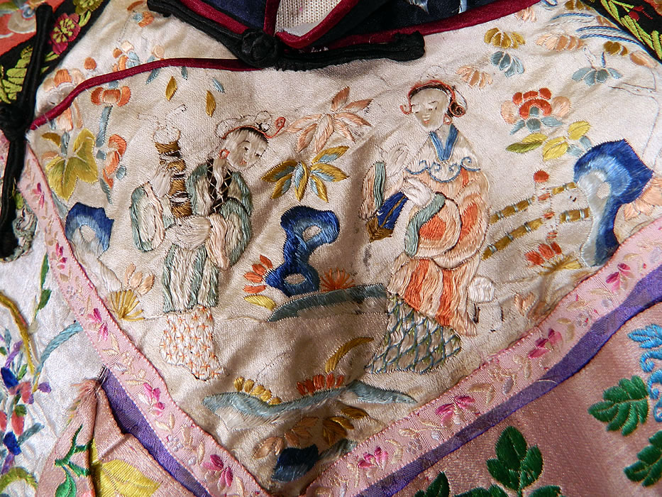 Antique Chinese Purple Silk Damask Floral Brocade Figural Embroidered Trim Robe
The white silk sleeve band cuffs have colorful silk embroidered flowers and butterflies.