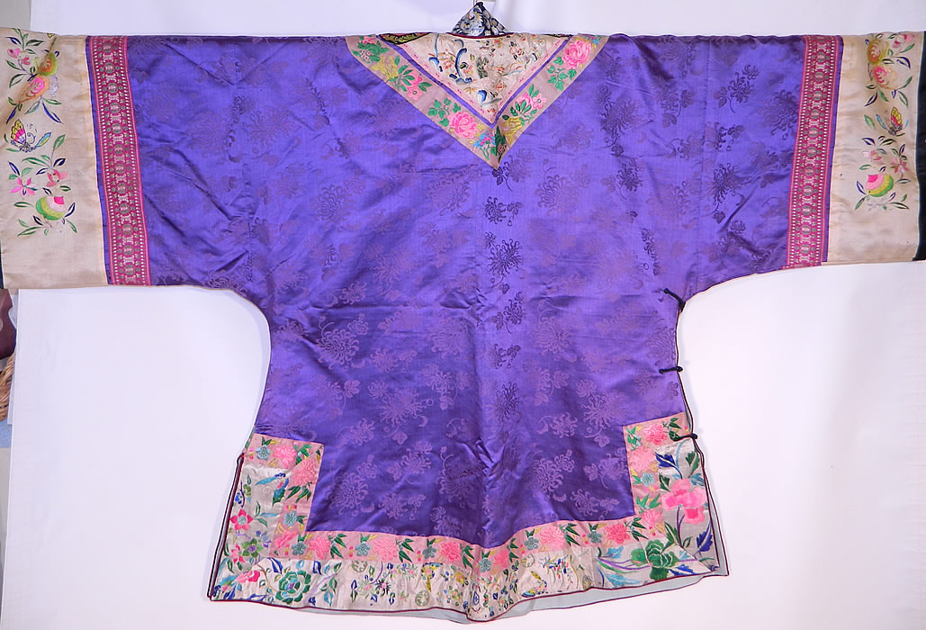 Antique Chinese Purple Silk Damask Floral Brocade Figural Embroidered Trim Robe
