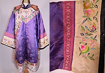 Antique Chinese Purple Silk Damask Floral Brocade Figural Embroidered Trim Robe
